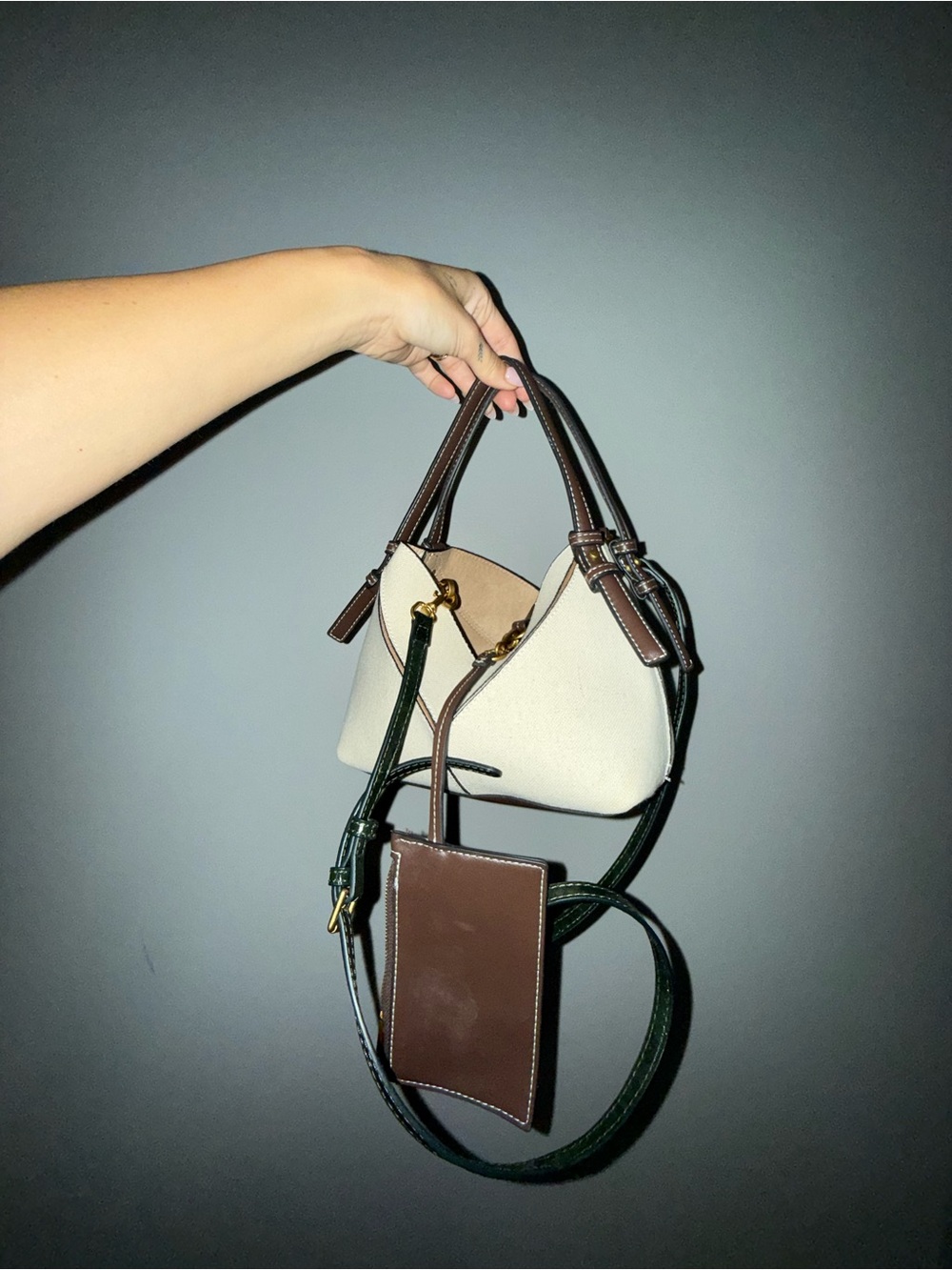 Cream and Brown Women’s Top-Handle Crossbody Bag with Card Holder